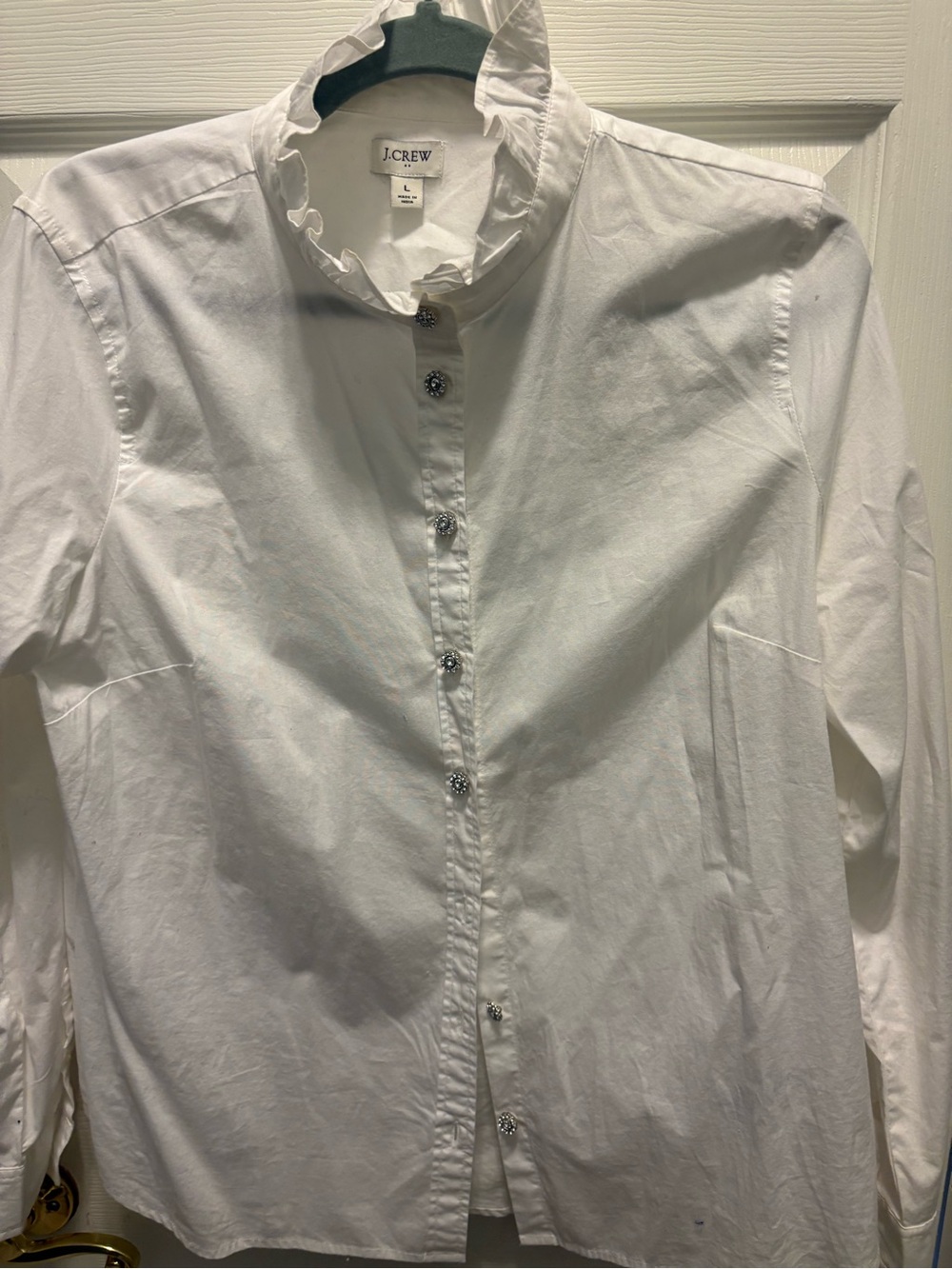 J. Crew White Ruffle Neck Button-Front Blouse